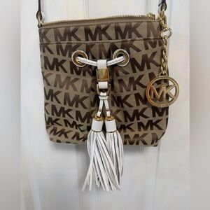 Michael Kors Brown Logo Crossbody with White Tassel and Gold Charm - NWOT